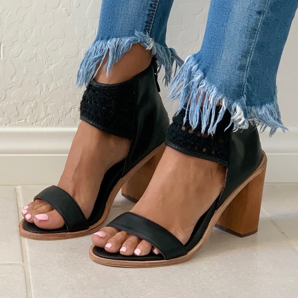 Anthropologie Shoes Distressed Leather Wooden Block Heel Sandal